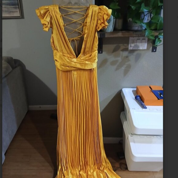 Yellow Pleated Flutter Sleeve A-Line Formal Dress - Size XL 🌟 - Picture 6 of 7